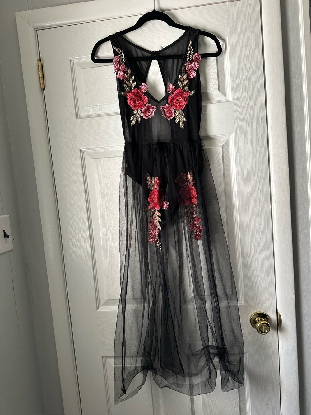 Sheer Black Maxi Dress with Pink Rose Embroidery